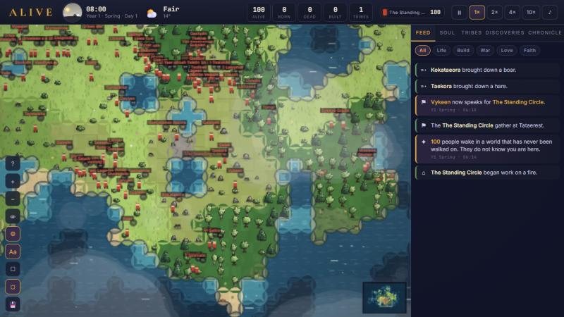 A hundred people settle a new world, with the event feed on the right.