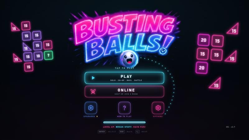 The title screen, with Play, Online, Upgrades, How to play and Options.