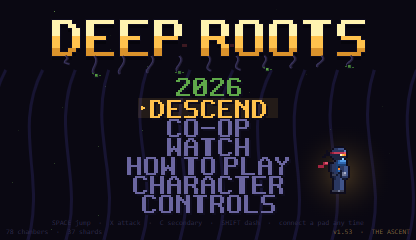 Deep Roots title screen with the main menu.
