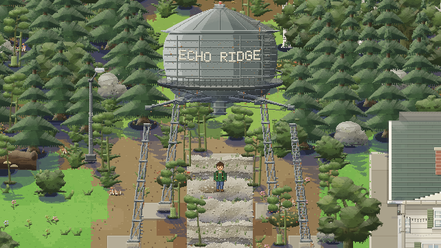 The Echo Ridge water tower among pines.