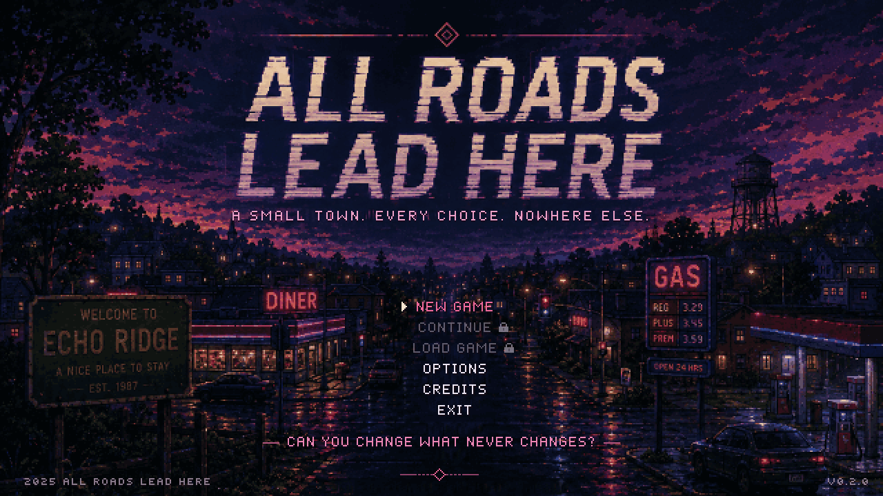 Title screen: the Echo Ridge welcome sign, diner and gas station on a wet evening street.