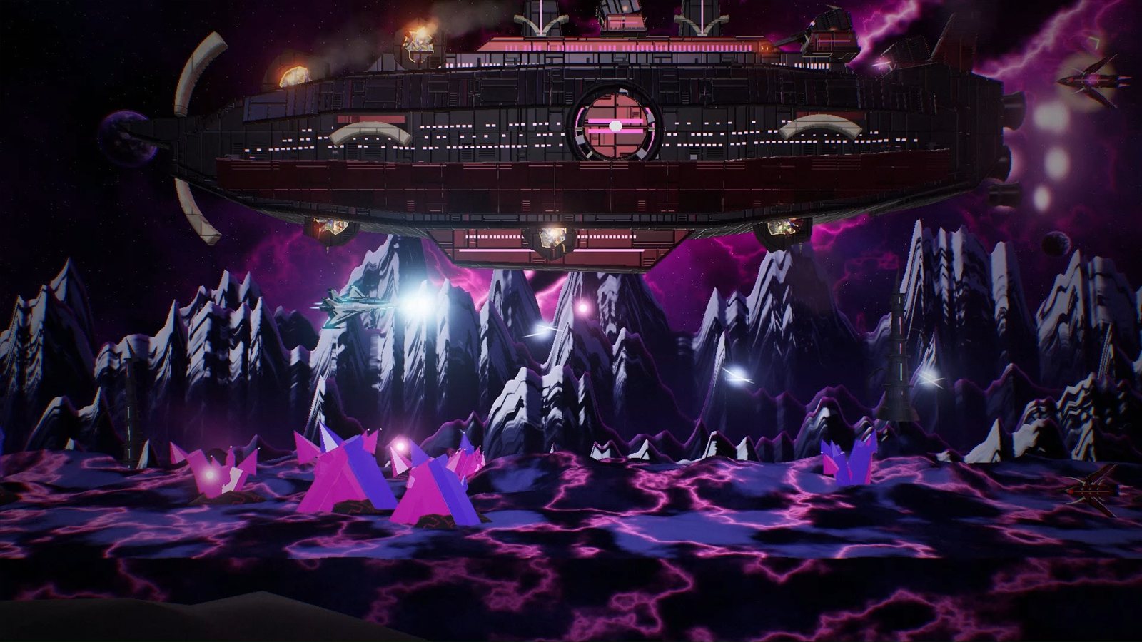 A capital ship fills the upper screen while ships and shots cross below it.