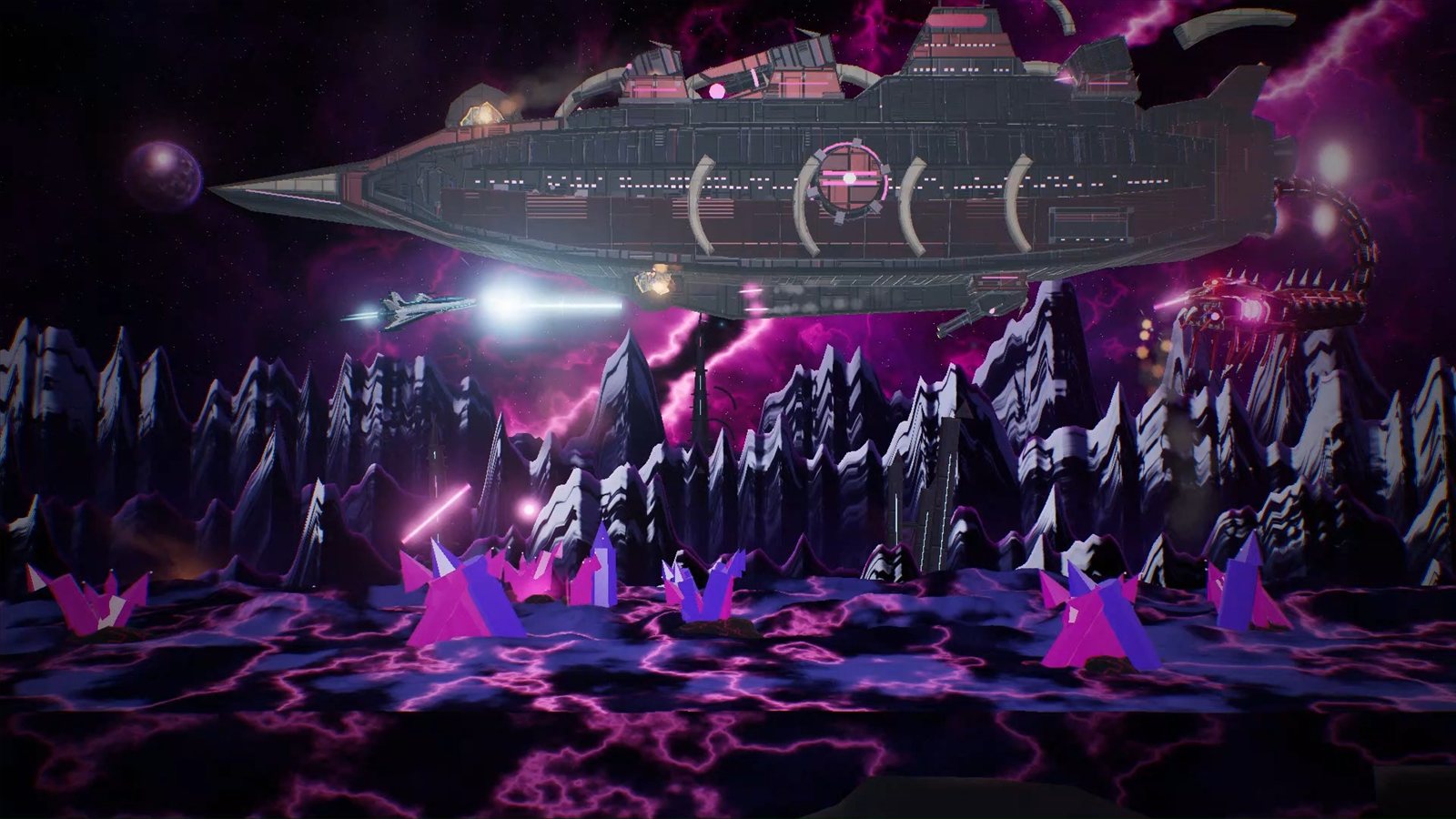 A capital ship crosses a storm-lit rock field in the first stage.