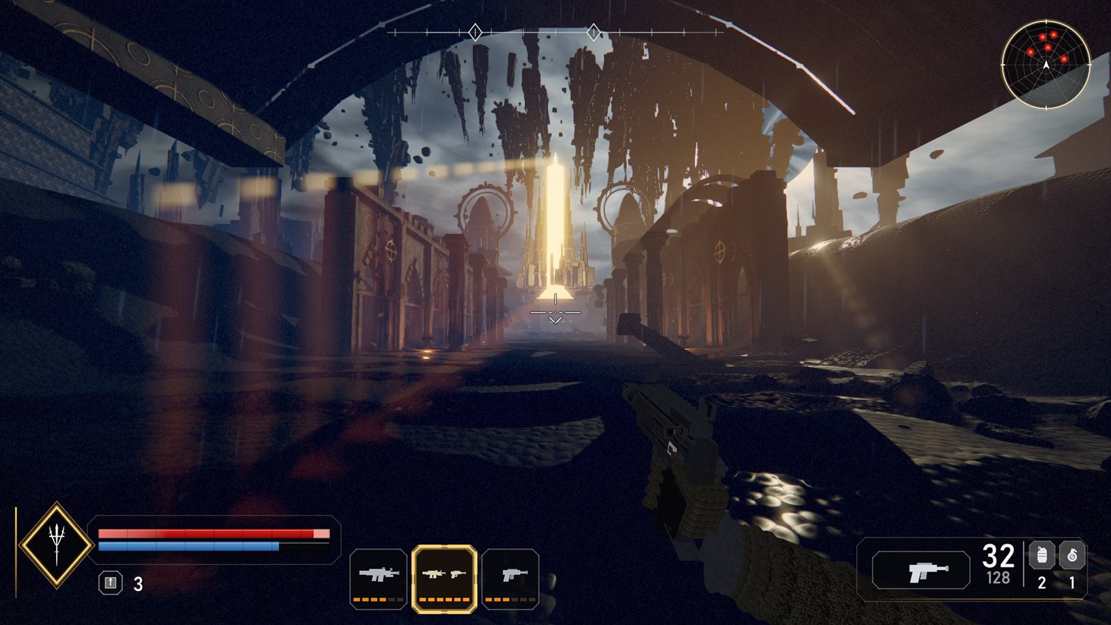 A ruined street between banners and pillars leading to the spire.