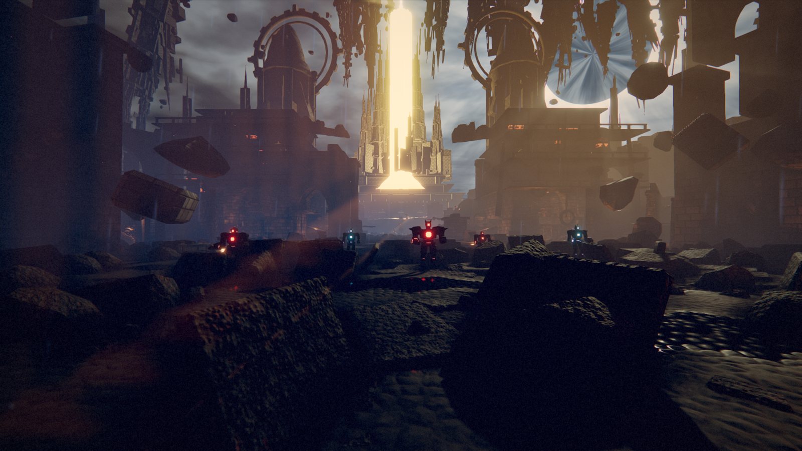 A group of hostile machines advancing across rubble.