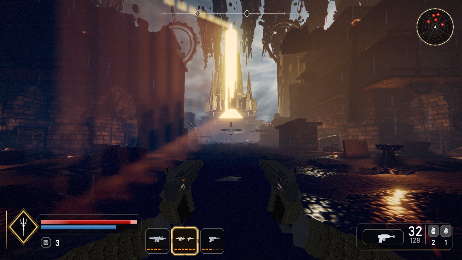 First-person view down a ruined avenue toward a glowing spire, dual pistols raised.