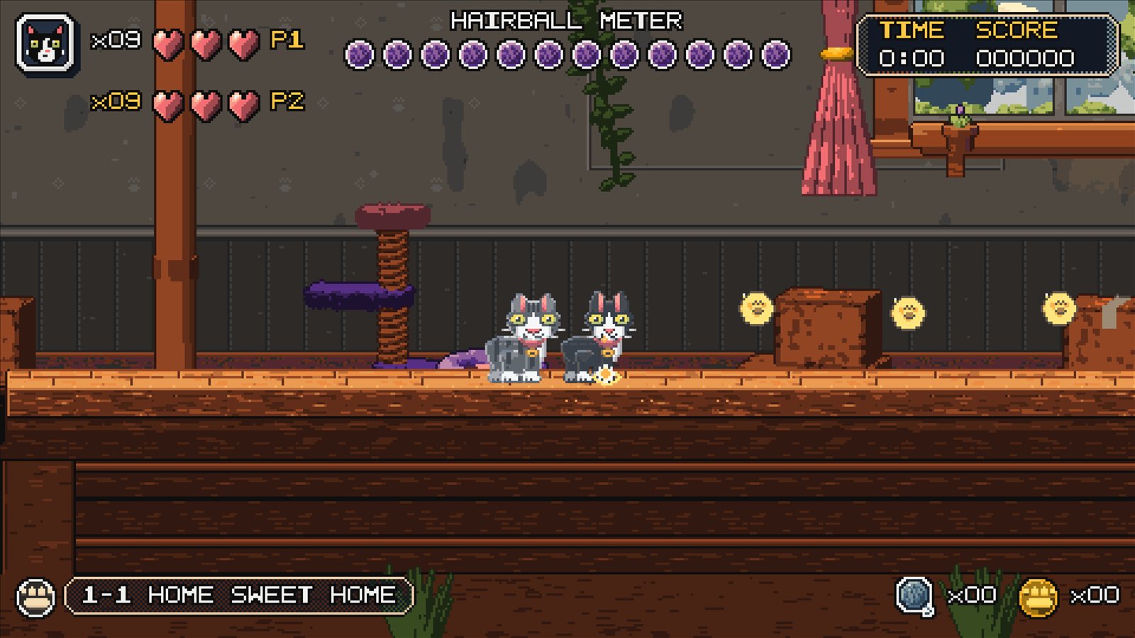 Two cats side by side in couch co-op, with a shared hairball meter.