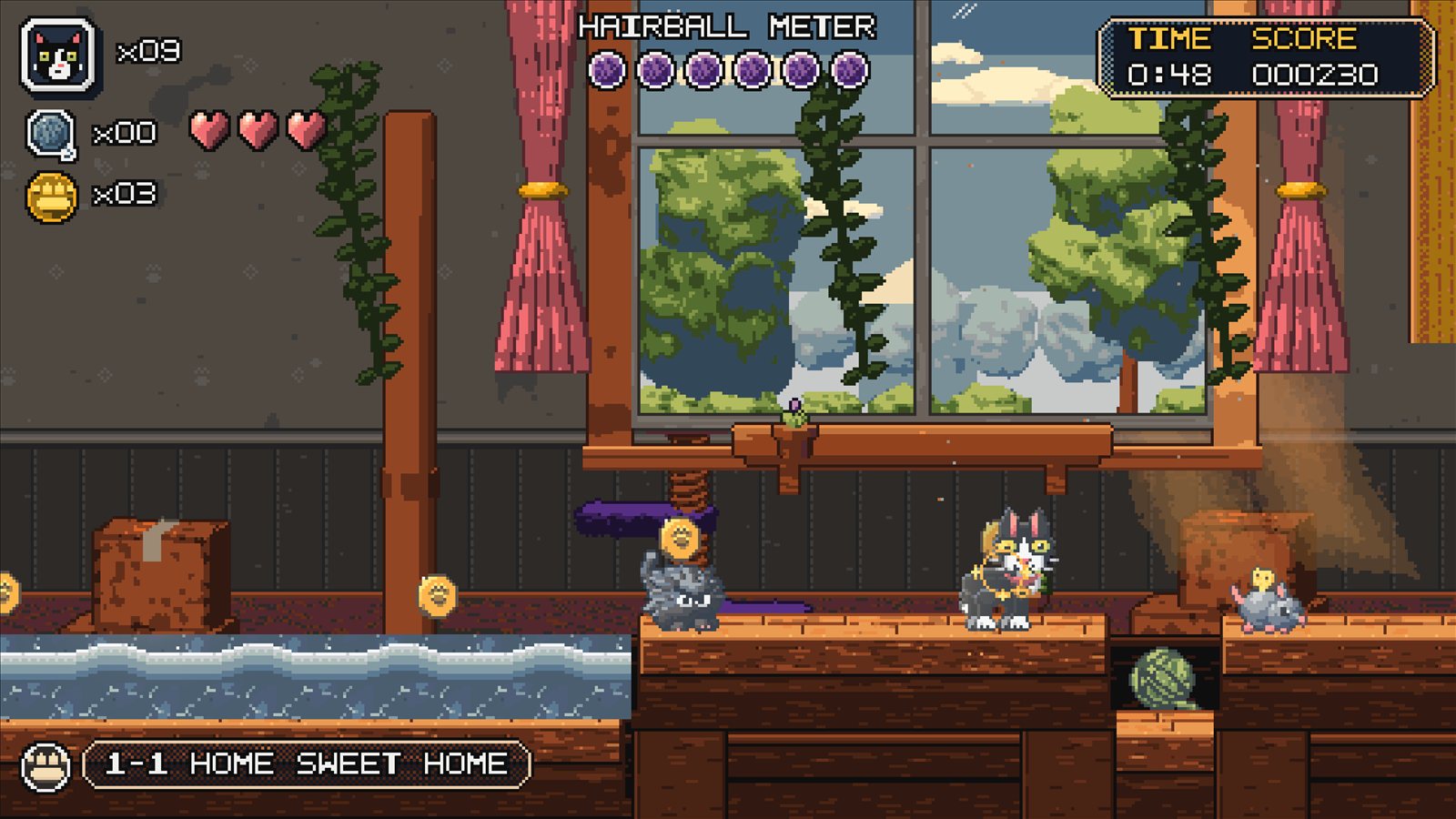 Mittens crosses a counter past a window, with a puddle, a windup mouse and a hairball enemy.
