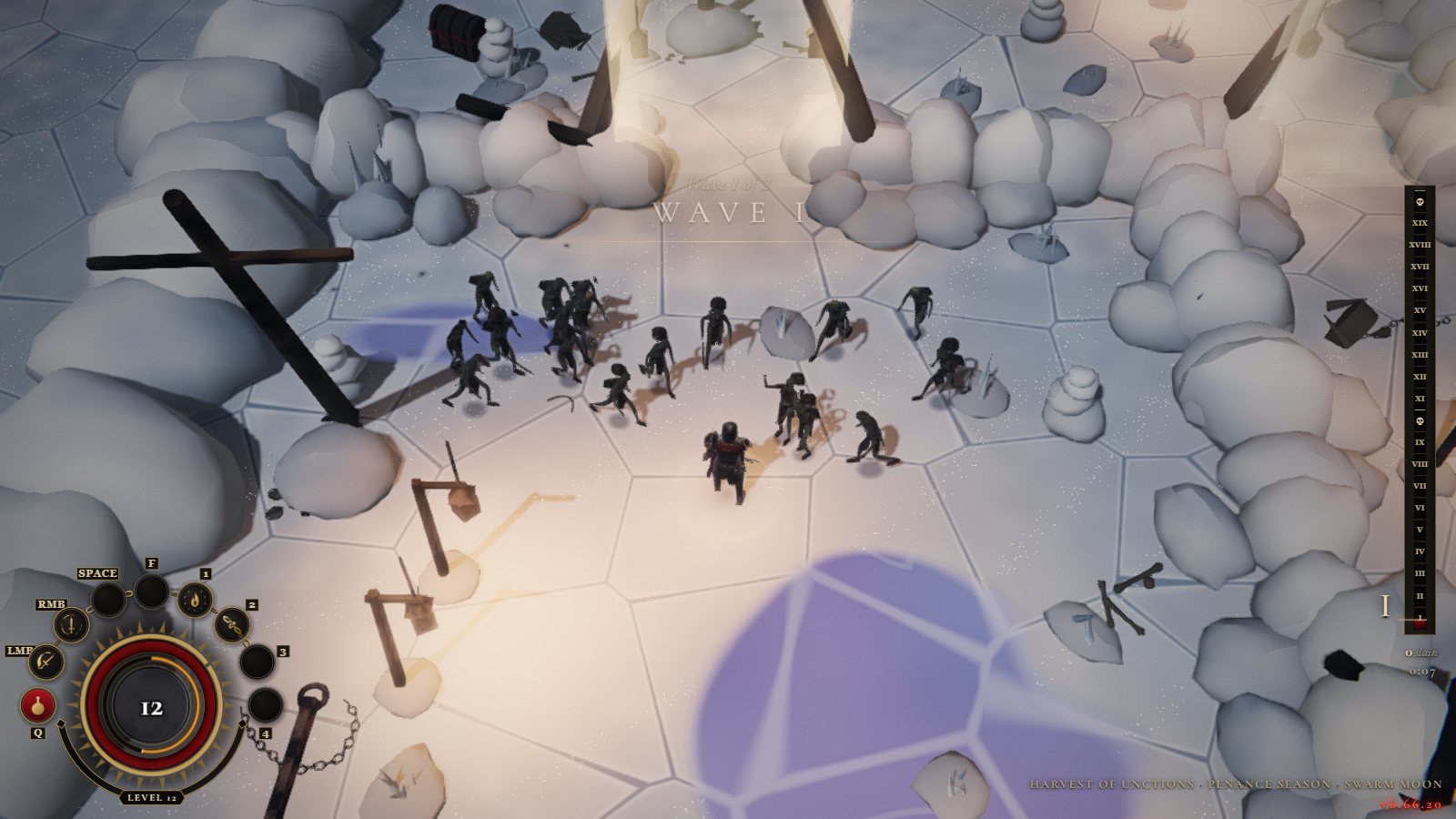 A wave of shadow creatures closes in on the player in a snow-covered chamber.