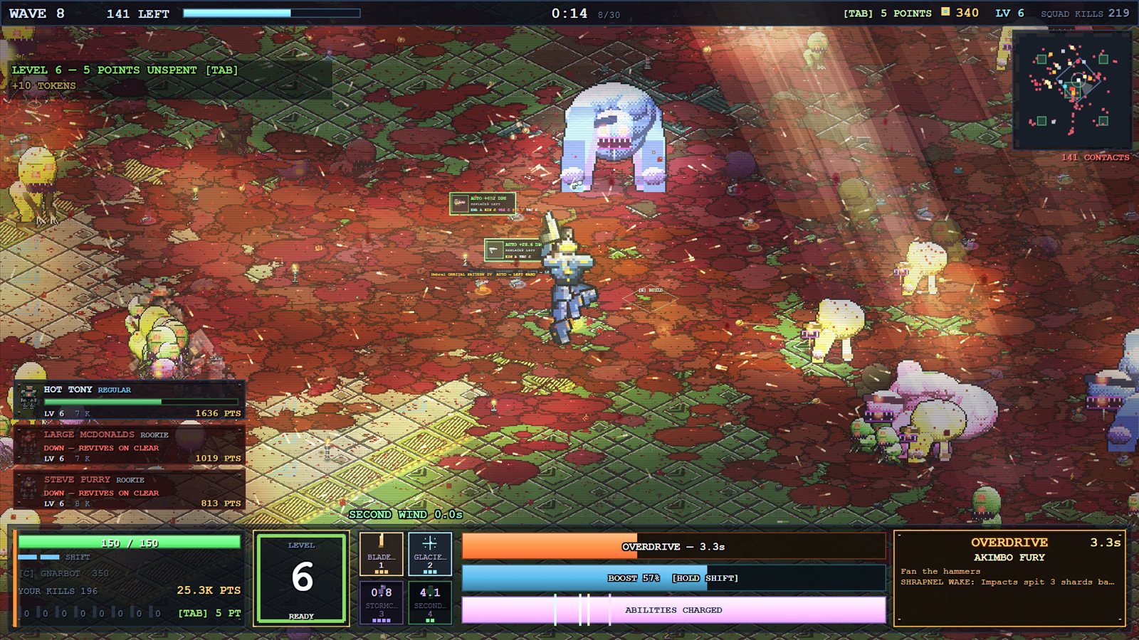 Mid-run on wave 8: a squad member in the open with a large creature and a crowd closing in.
