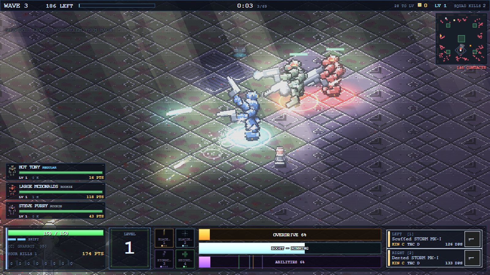 Three squad members spread out across the Sunken Court arena at the start of a run.
