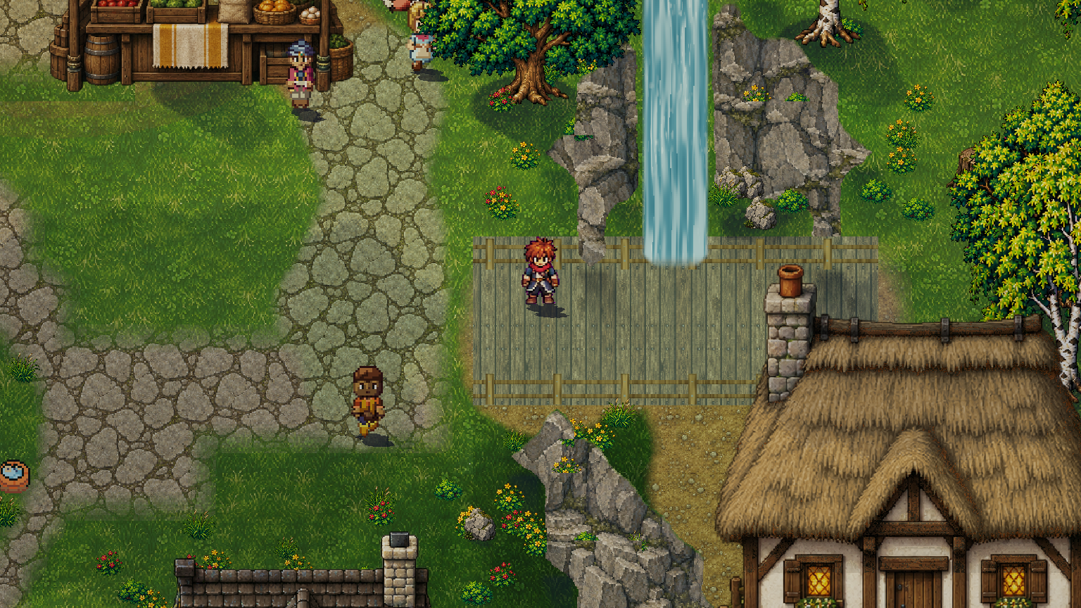 The hero on a plank bridge below a waterfall, beside a thatched cottage and market stall.