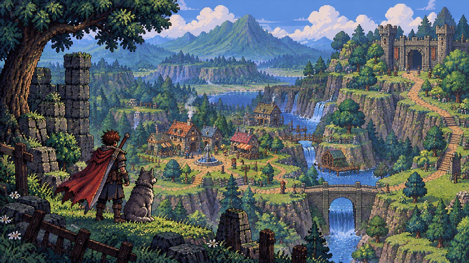 Title screen painting: the hero and a wolf overlook a valley village and castle.