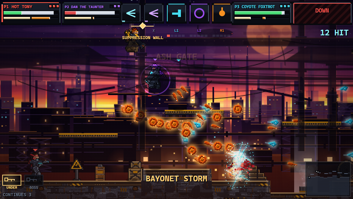 Three-player squad fighting through Ash Gate under a setting sun.