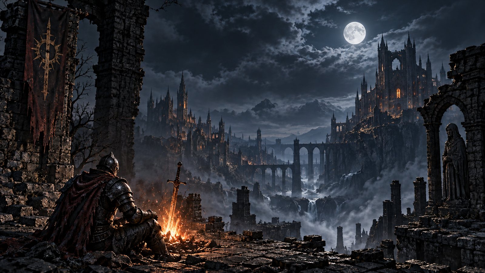 Title screen concept art: a lone knight at a bonfire above a ruined gothic city under a full moon.