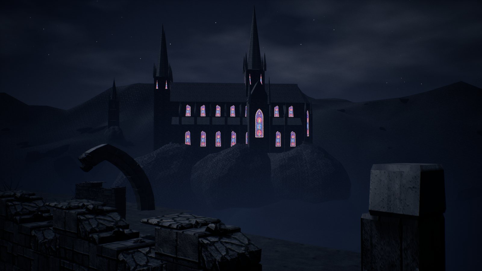 In-engine capture of the church seen from its approach at night.