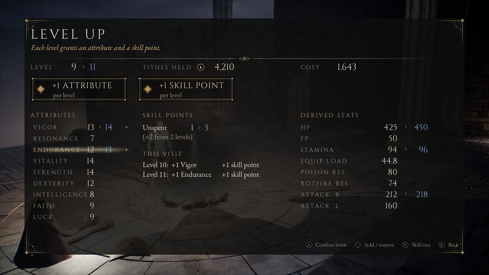 Level-up screen showing attributes and derived stats.
